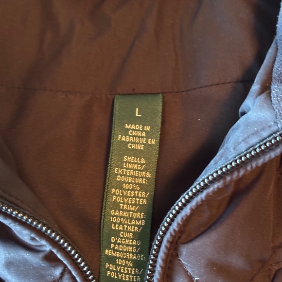 Lauren Ralph Lauren black quilted Puffer jacket, lamb leather trim Sz L - Picture 2 of 11